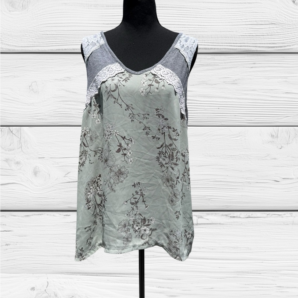 Maurices Sage Green Floral Lace-Trim Sleeveless Top
